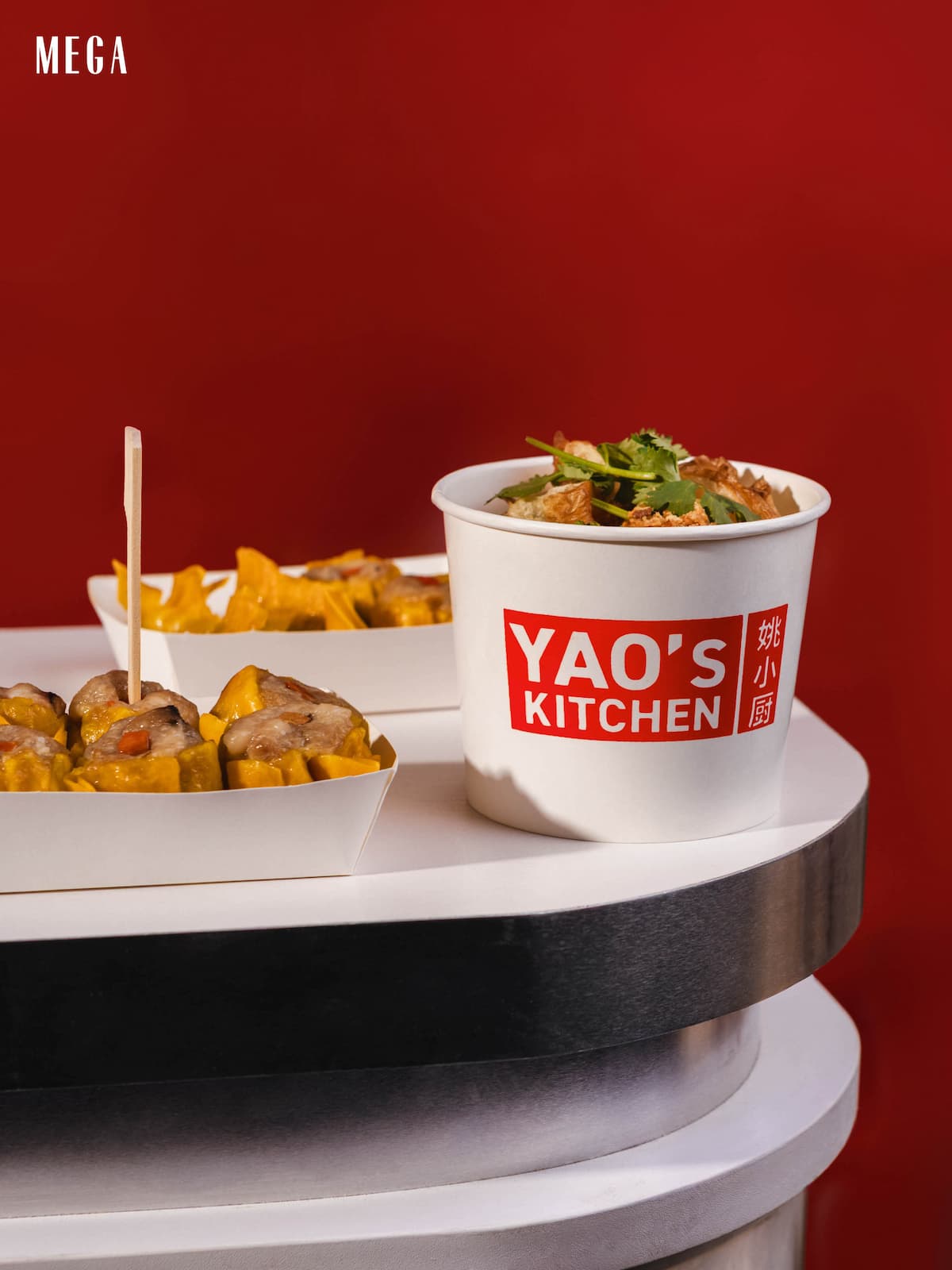 Branded cup and dimsum on pedestal