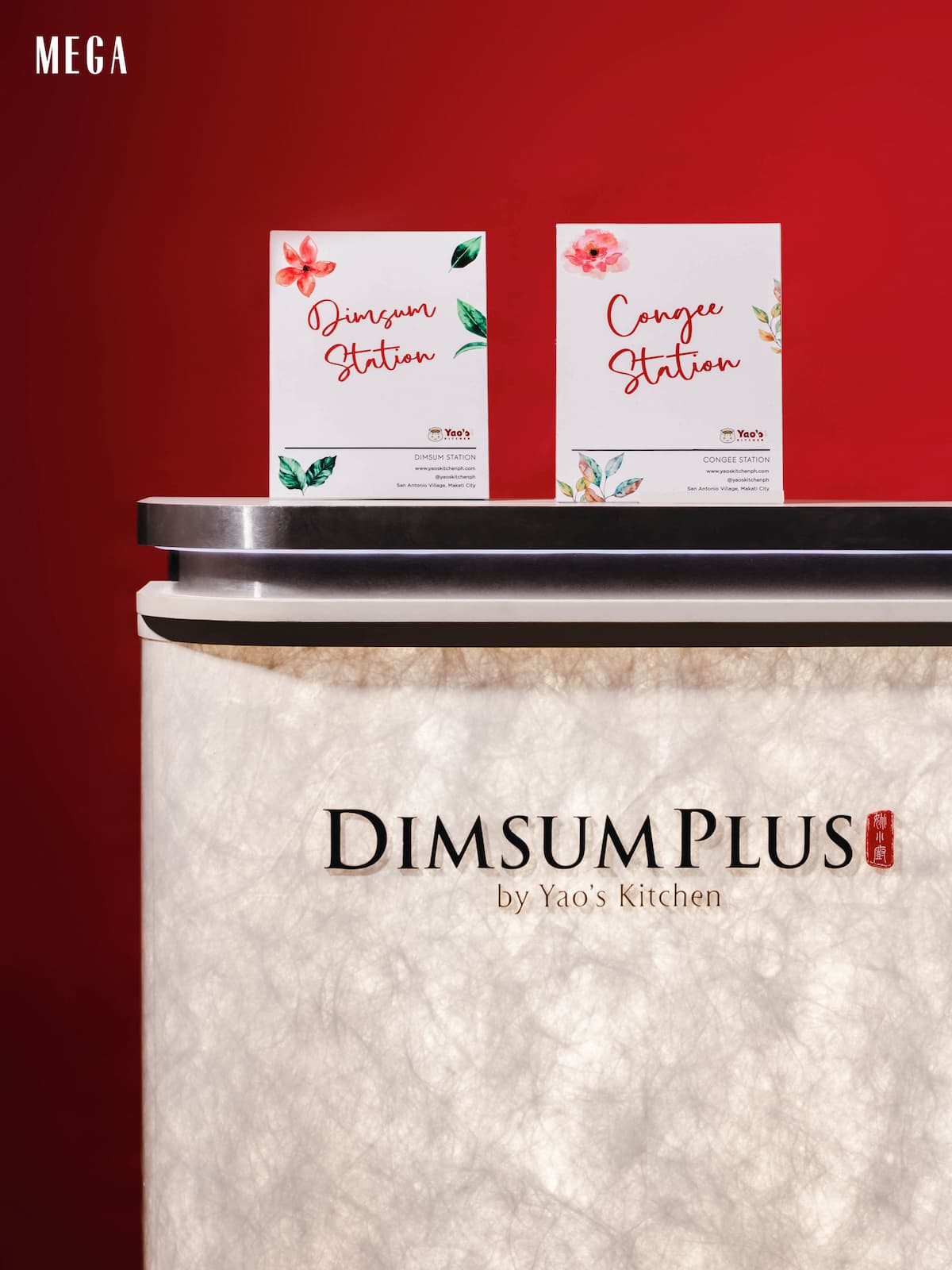 Dimsum and Congee Station signs on counter