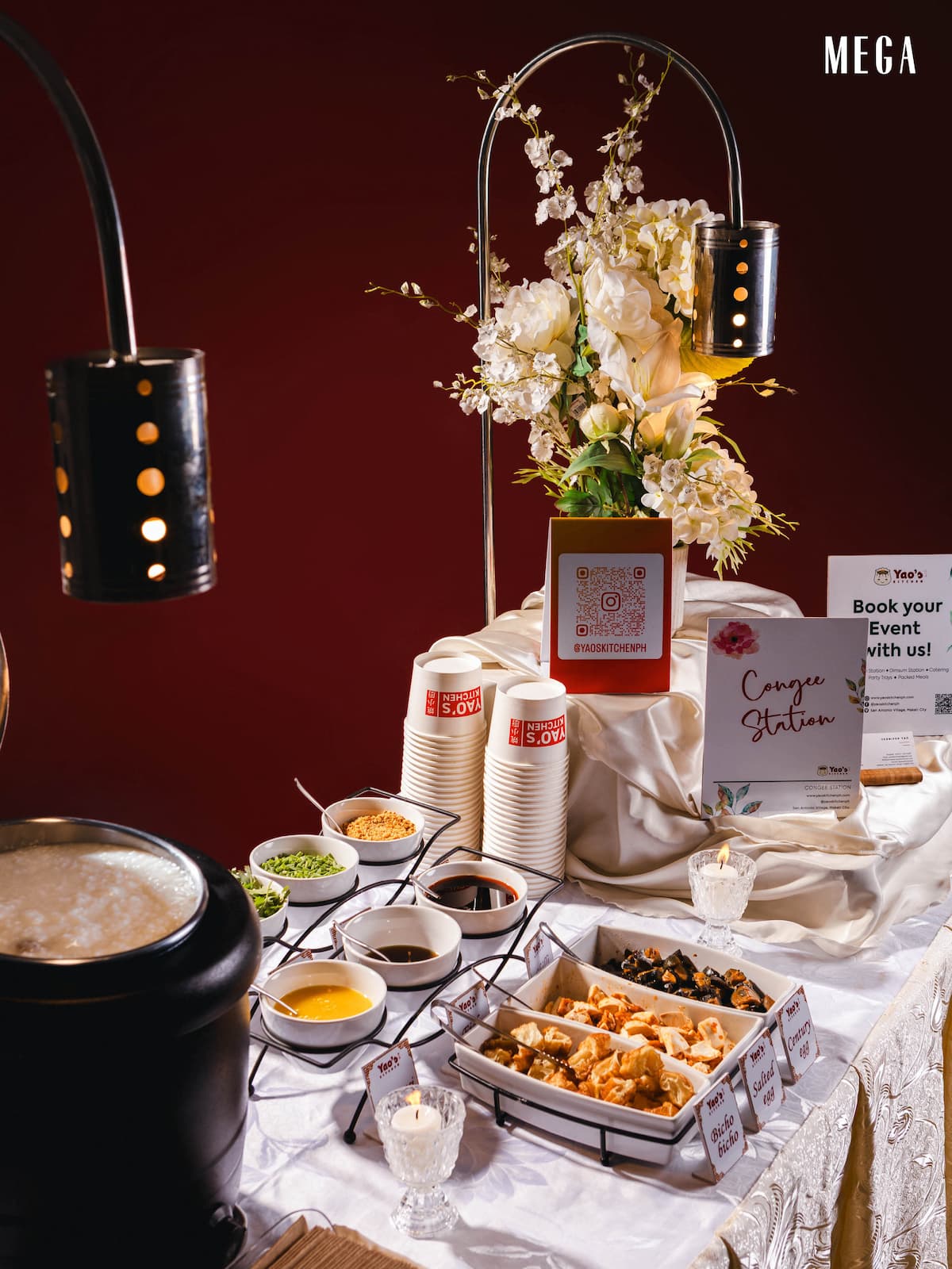 Full catering station on red backdrop